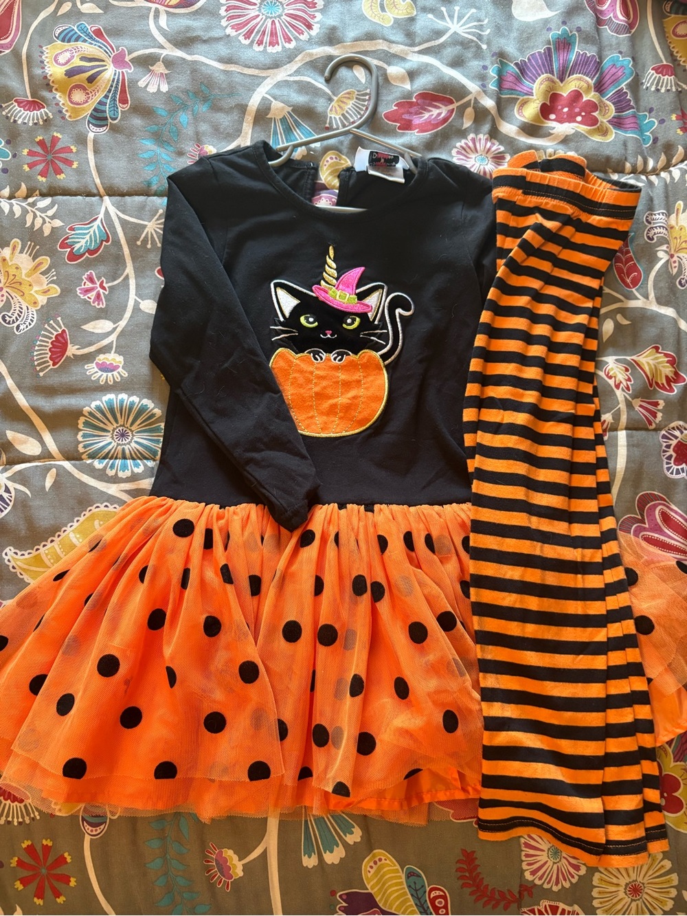 Girls Black & Orange Halloween Cat Pumpkin Costume Dress with Striped leggings